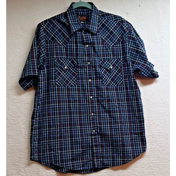 Plains Western Wear Shirt Men's Large Snap Pearl Buttons Blue Short Sleeve Plaid - Picture 1 of 11